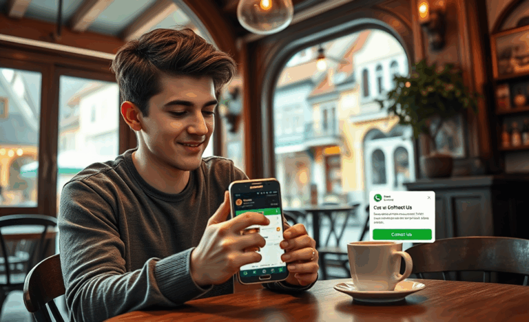 Obrázek zobrazující mobilní telefon s otevřenou aplikací WhatsApp, připravený k poskytnutí přímé podpory uživatelům.